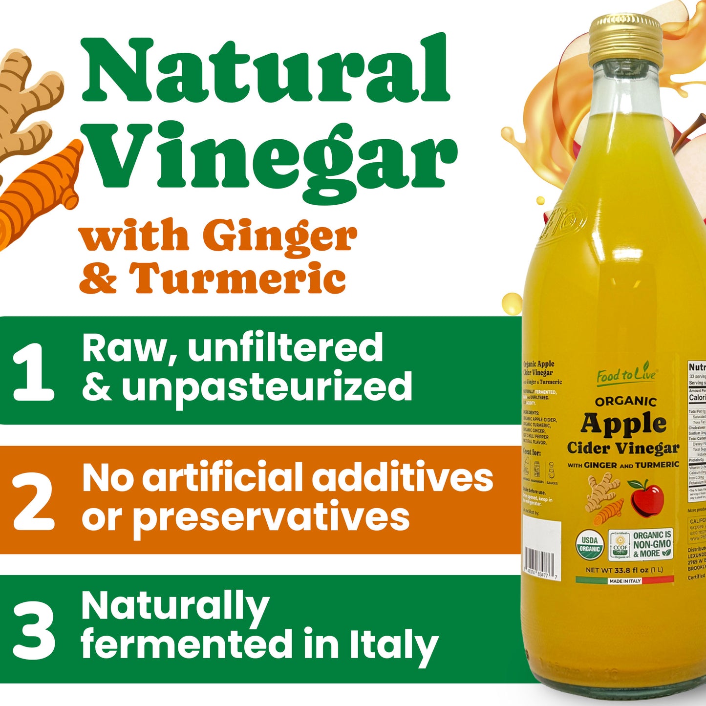 Organic Apple Cider Vinegar with Ginger and Turmeric - by Food To Live