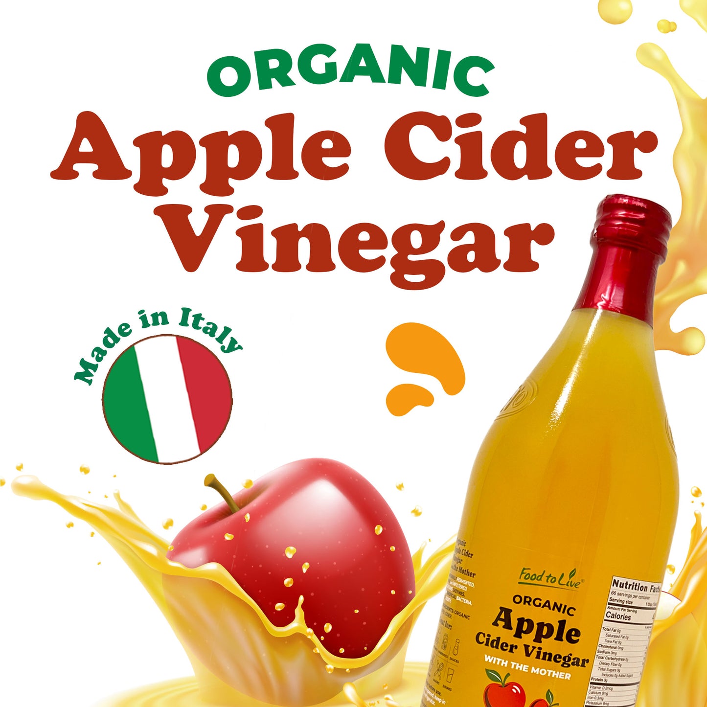 Organic Apple Cider Vinegar, 1 L –  Non-GMO, Vegan, Glass Bottle  –  by Food to Live