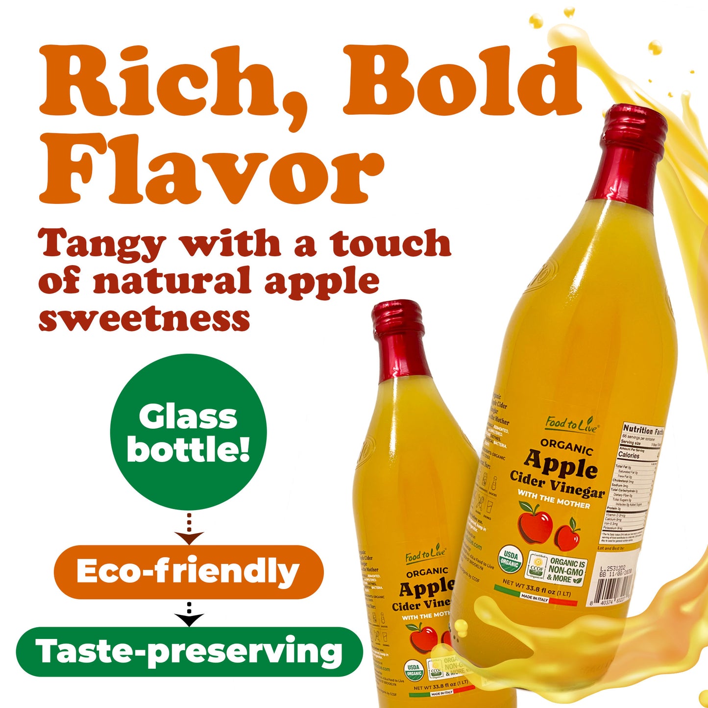 Organic Apple Cider Vinegar, 1 L –  Non-GMO, Vegan, Glass Bottle  –  by Food to Live