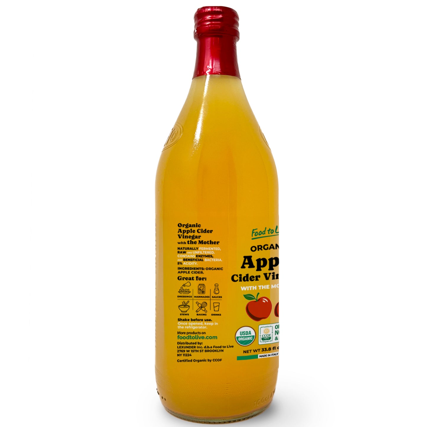 Organic Apple Cider Vinegar, 1 L –  Non-GMO, Vegan, Glass Bottle  –  by Food to Live