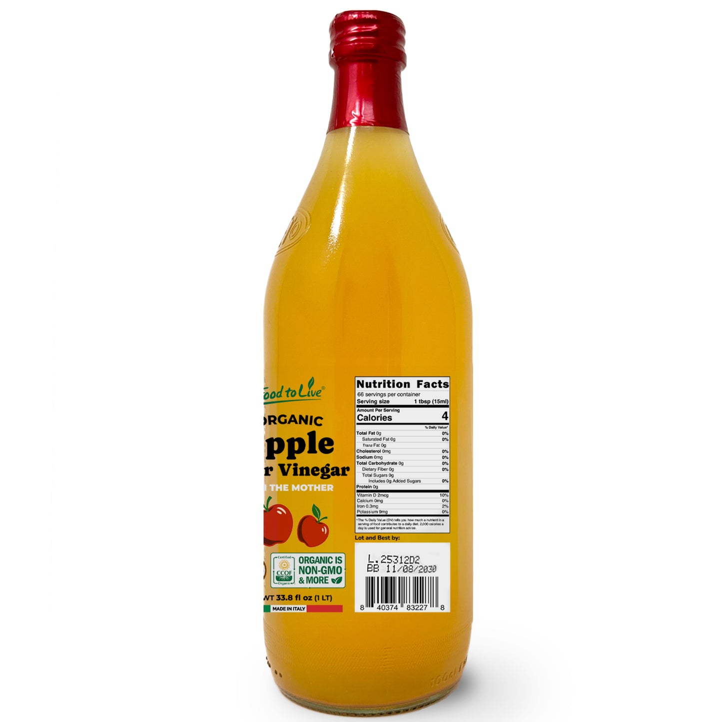 Organic Apple Cider Vinegar, 1 L –  Non-GMO, Vegan, Glass Bottle  –  by Food to Live