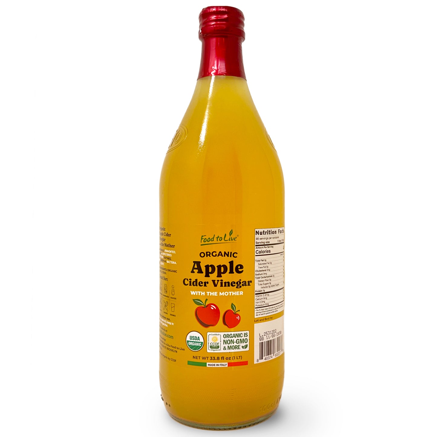 Organic Apple Cider Vinegar, 1 L –  Non-GMO, Vegan, Glass Bottle  –  by Food to Live