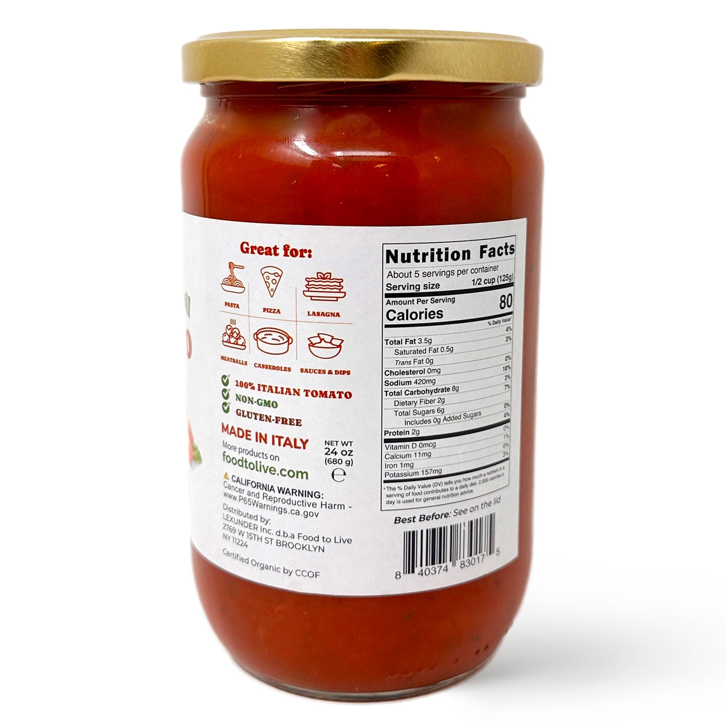 Organic Basil Tomato Sauce - by Food to Live
