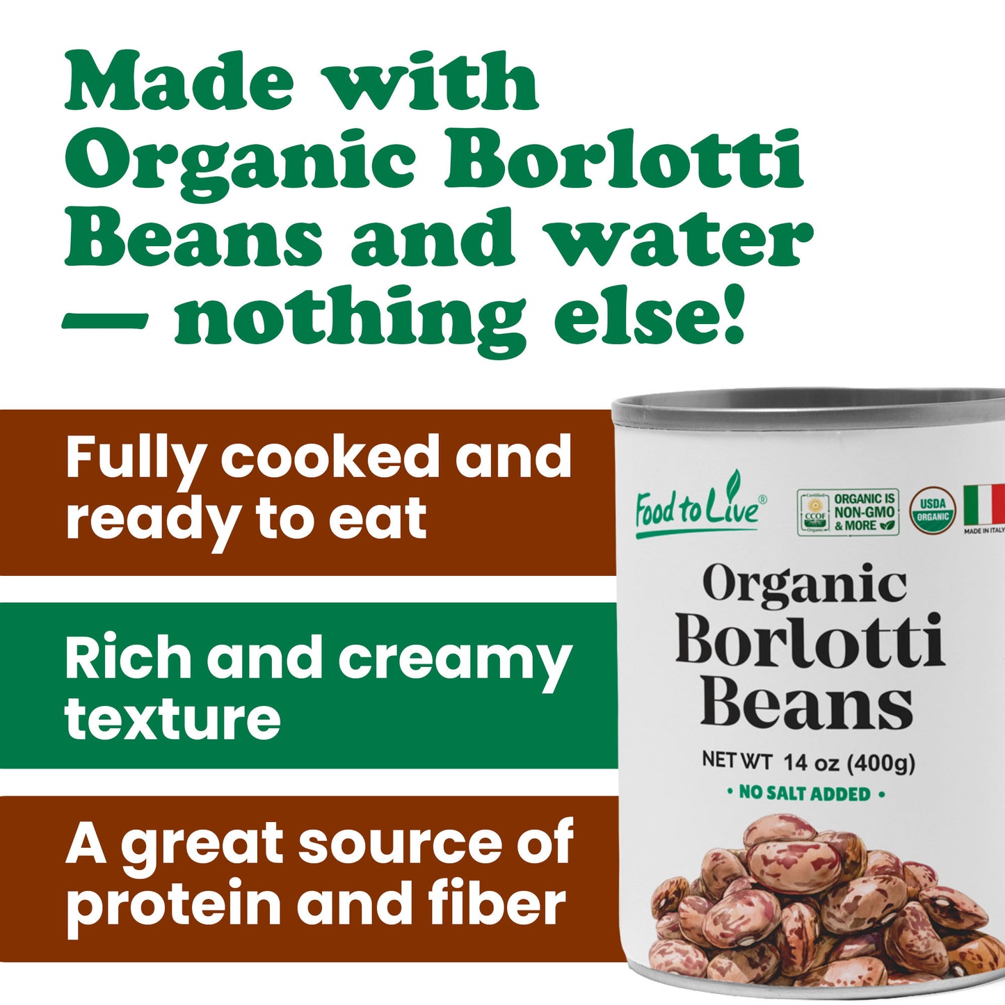 Organic Canned Borlotti Beans, 14 oz - Unsalted, Non-GMO, Vegan - by Food to Live