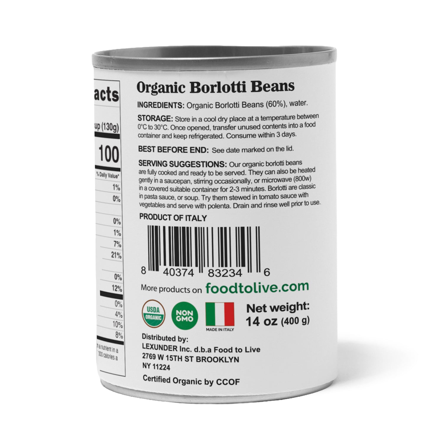 Organic Canned Borlotti Beans, 14 oz - Unsalted, Non-GMO, Vegan - by Food to Live
