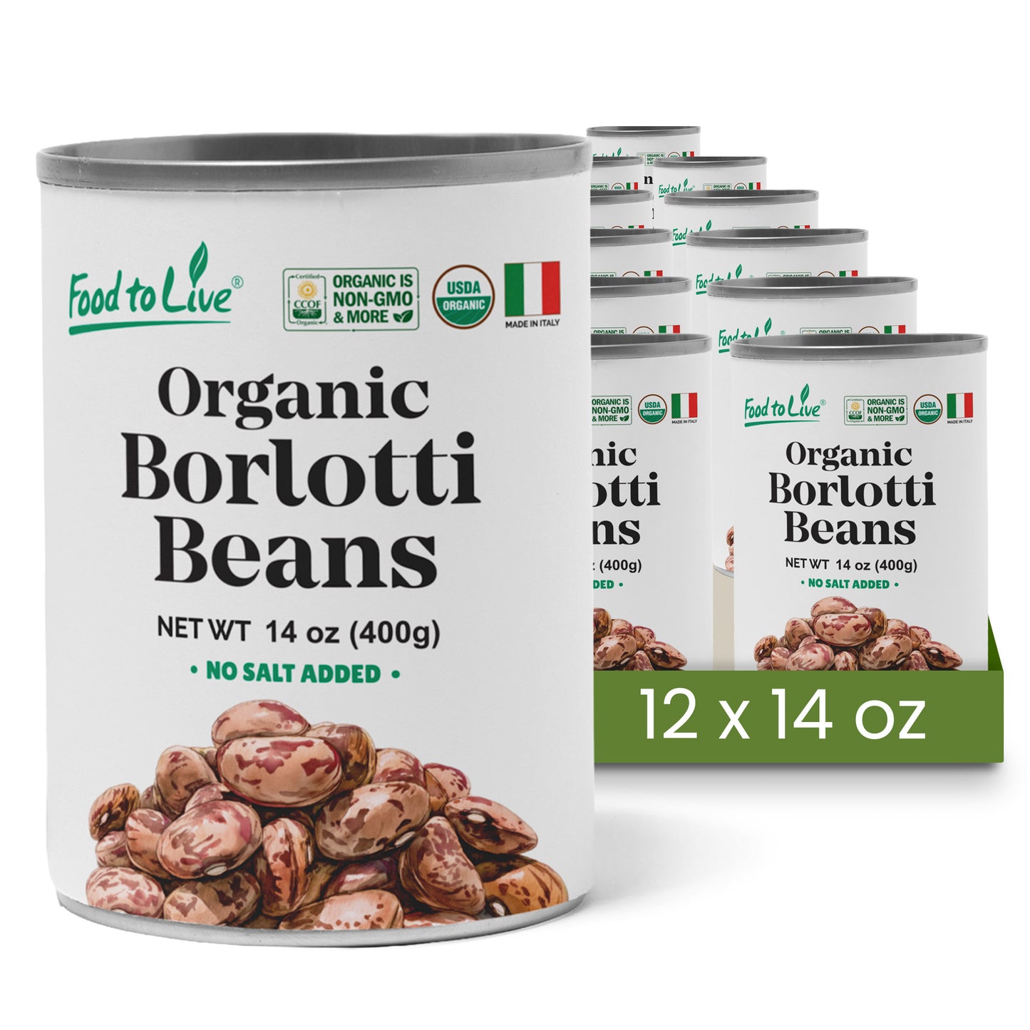 Organic Canned Borlotti Beans, 14 oz - Unsalted, Non-GMO, Vegan - by Food to Live