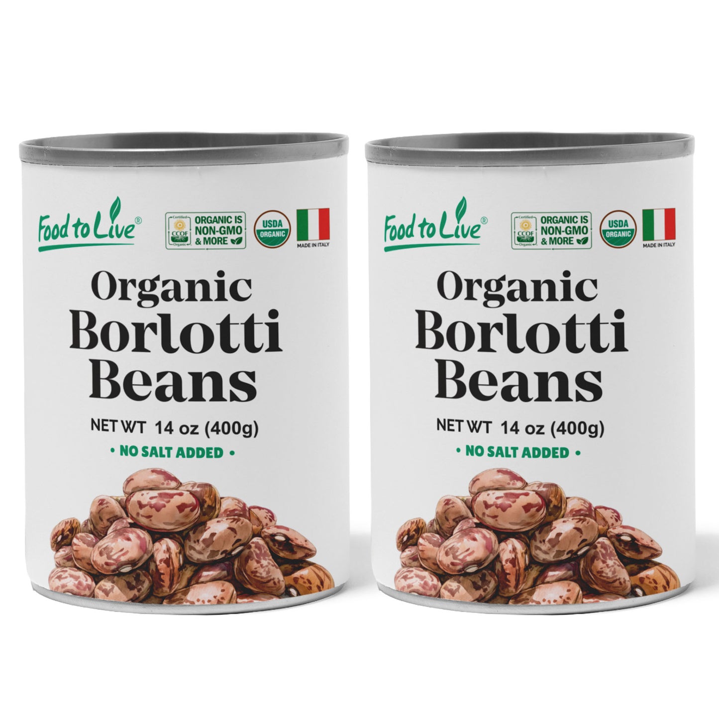 Organic Canned Borlotti Beans, 14 oz - Unsalted, Non-GMO, Vegan - by Food to Live