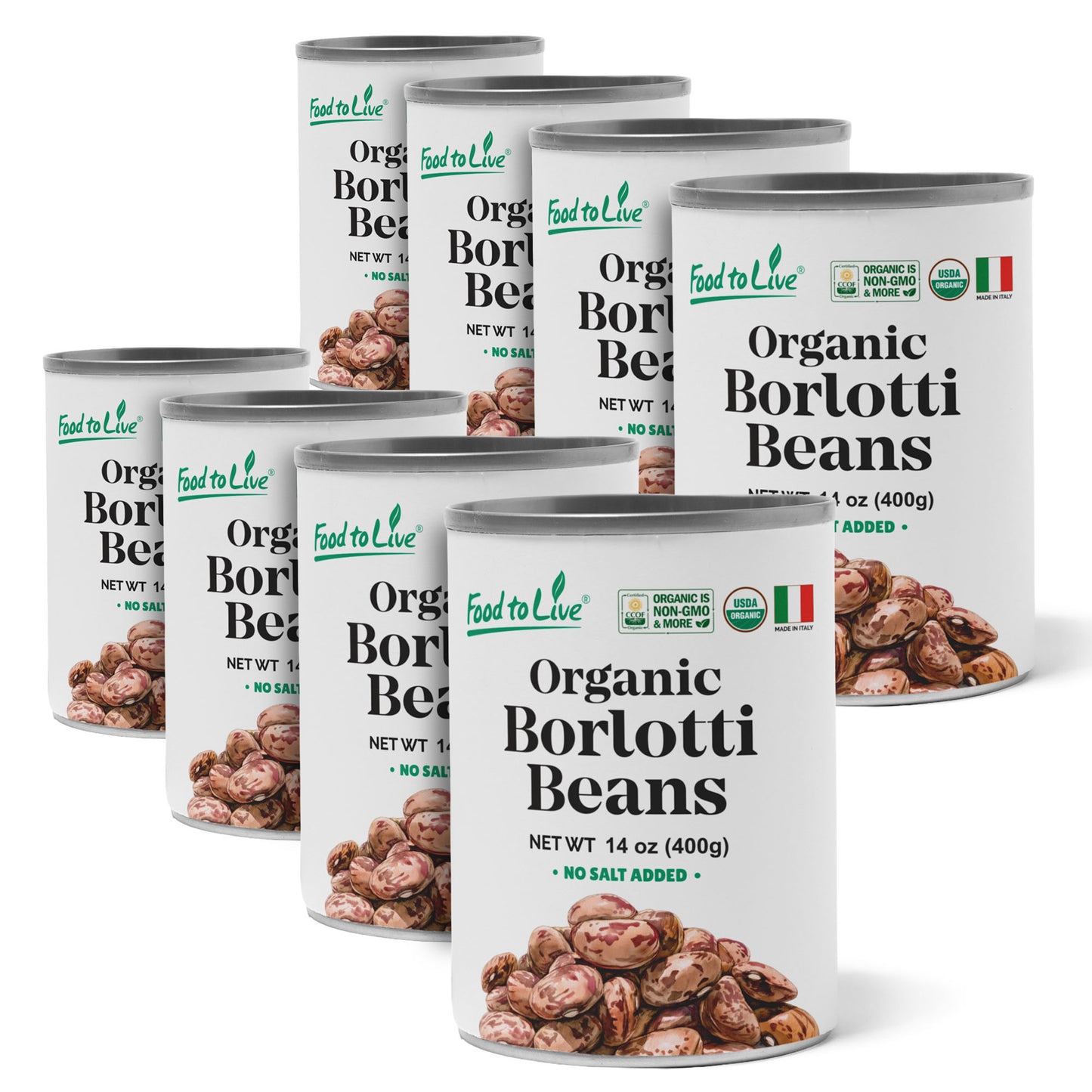 Organic Canned Borlotti Beans, 14 oz - Unsalted, Non-GMO, Vegan - by Food to Live