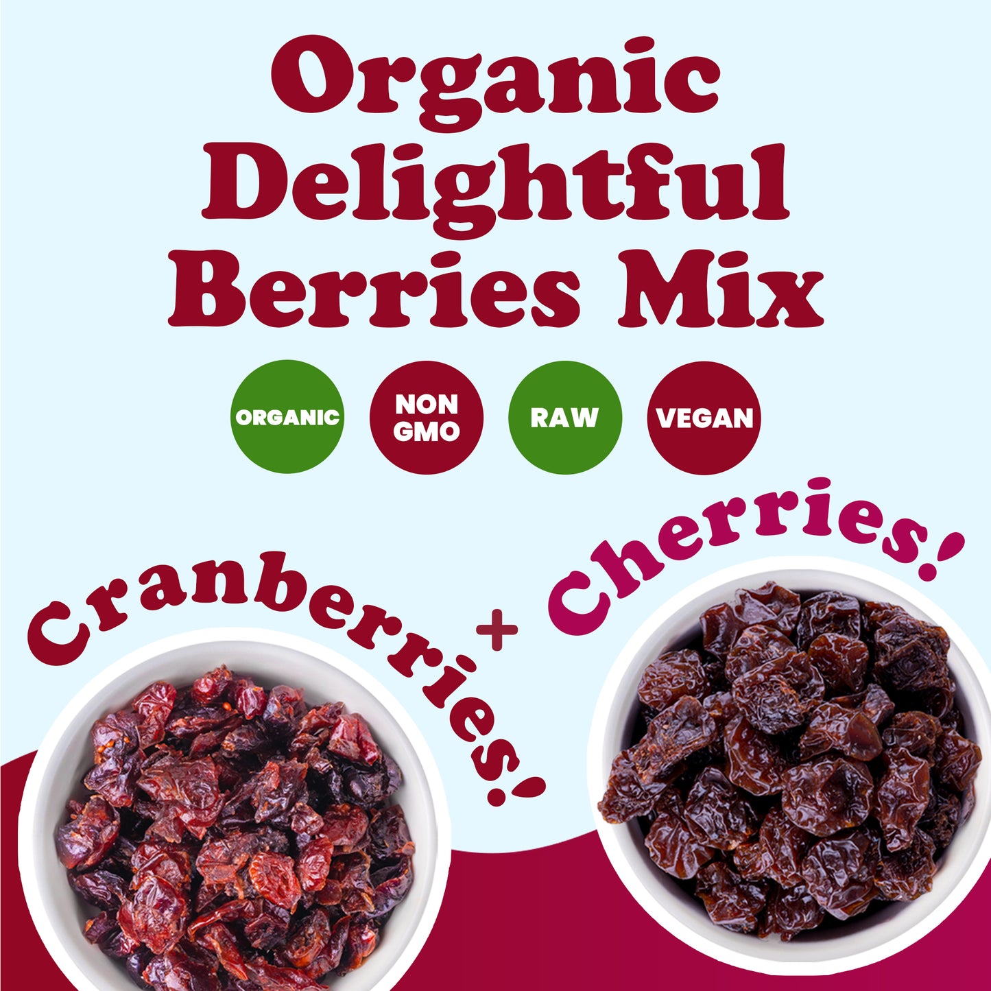 Organic Delightful Berries Mix – A Blend of Non-GMO Dried Cherries & Cranberries.Bulk. Gently Infused with Organic Sugar. Lightly Coated with Organic Sunflower Oil