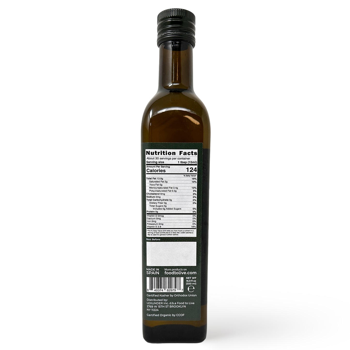 Organic Extra Virgin Olive Oil - 500 ml - by Food To Live