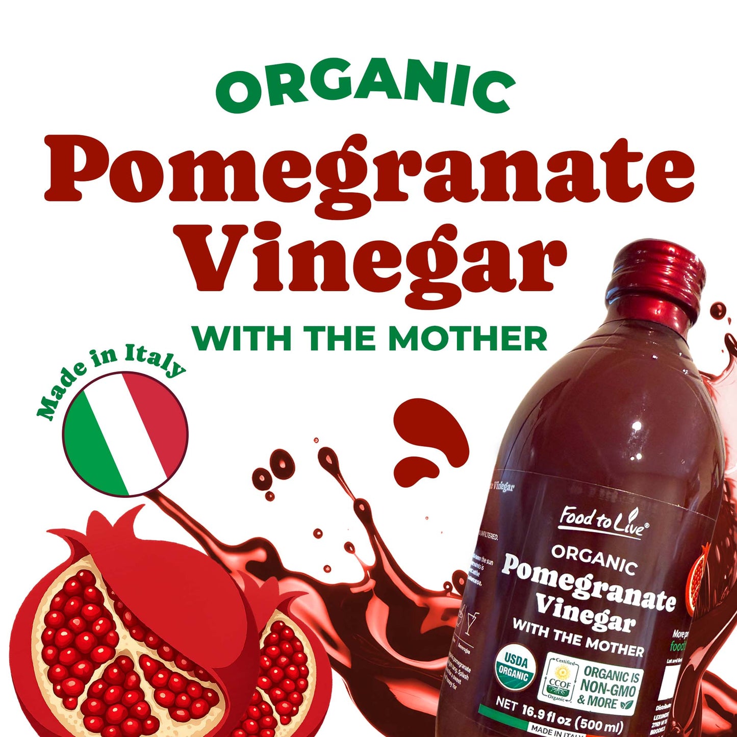 Organic Pomegranate Vinegar with the Mother, 500ml - by Food to Live