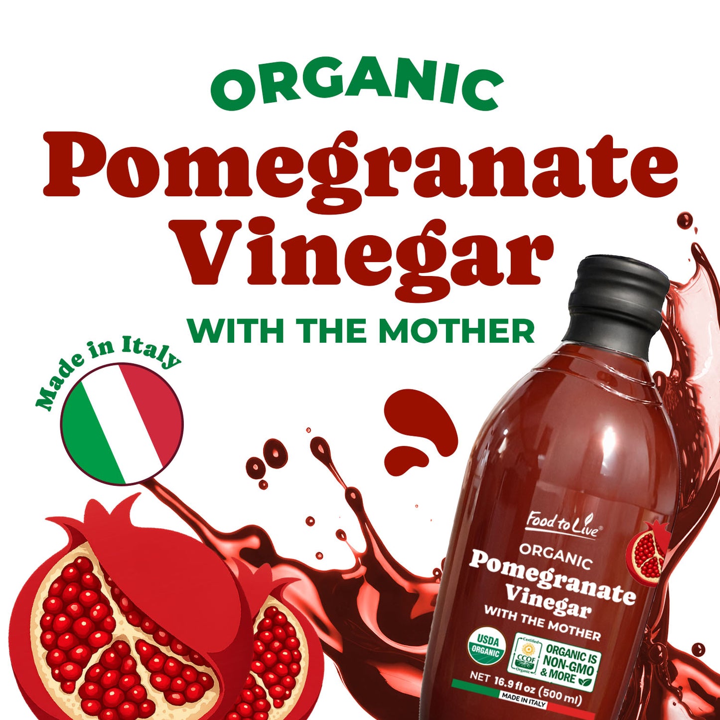 Organic Pomegranate Vinegar with the Mother, 500ml - by Food to Live