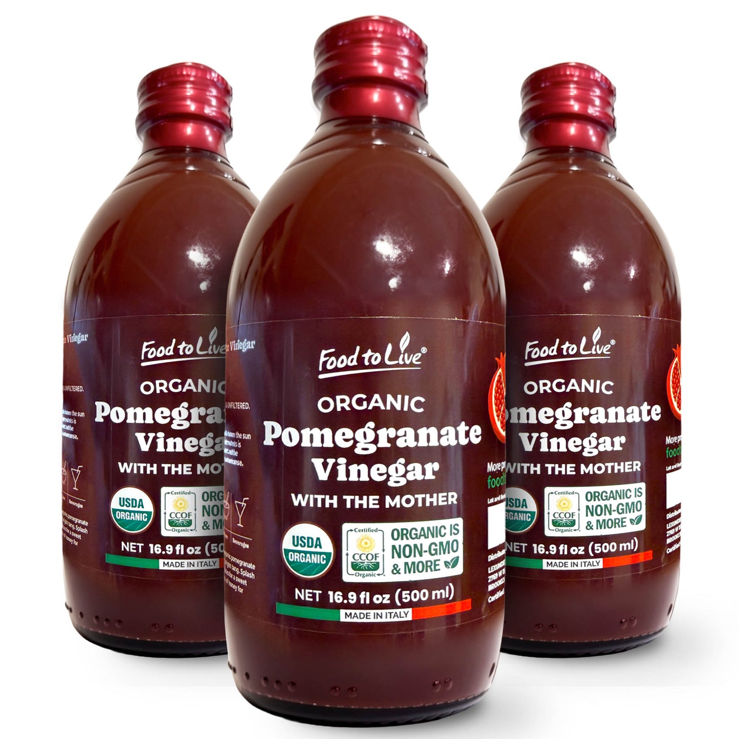Organic Pomegranate Vinegar with the Mother, 500ml - by Food to Live