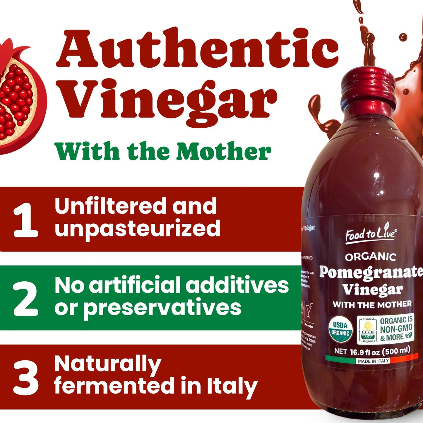 Organic Pomegranate Vinegar with the Mother, 500ml - by Food to Live