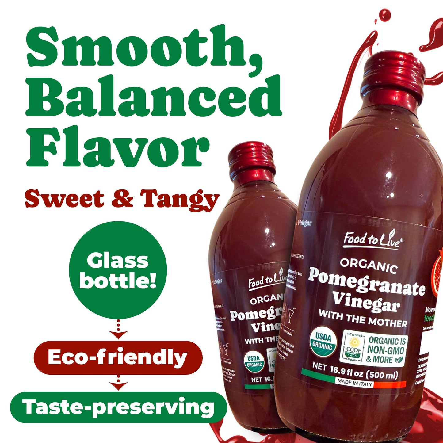 Organic Pomegranate Vinegar with the Mother, 500ml - by Food to Live