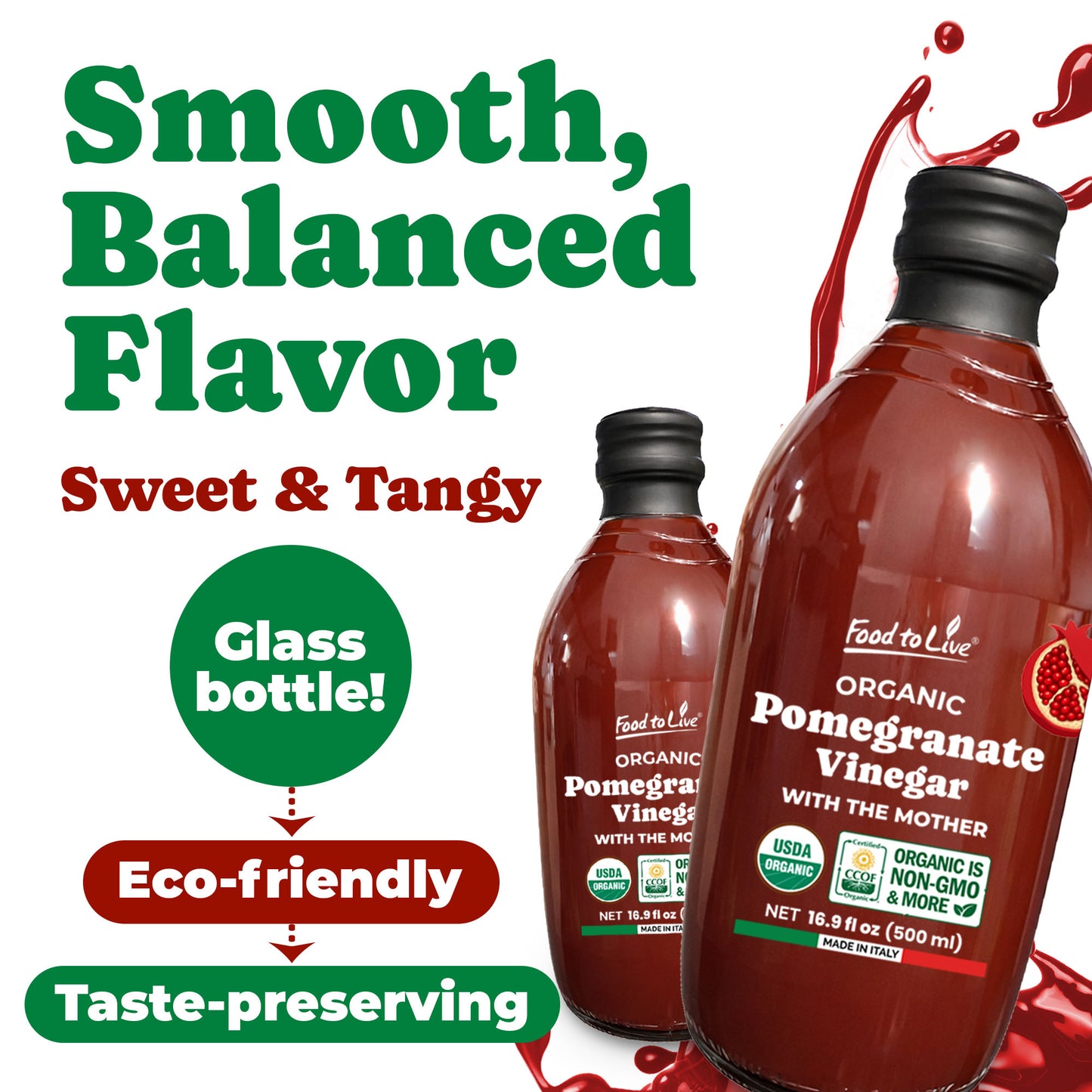 Organic Pomegranate Vinegar with the Mother, 500ml - by Food to Live