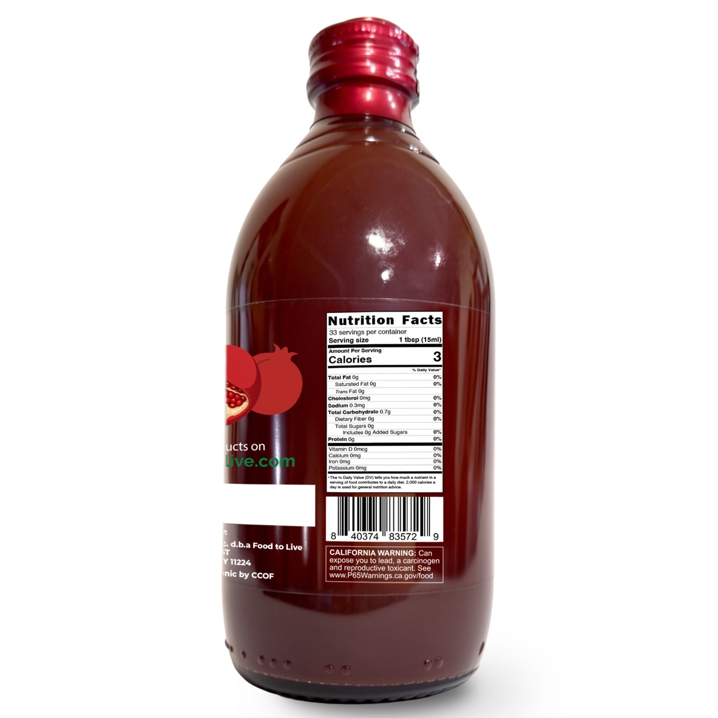 Organic Pomegranate Vinegar with the Mother, 500ml - by Food to Live