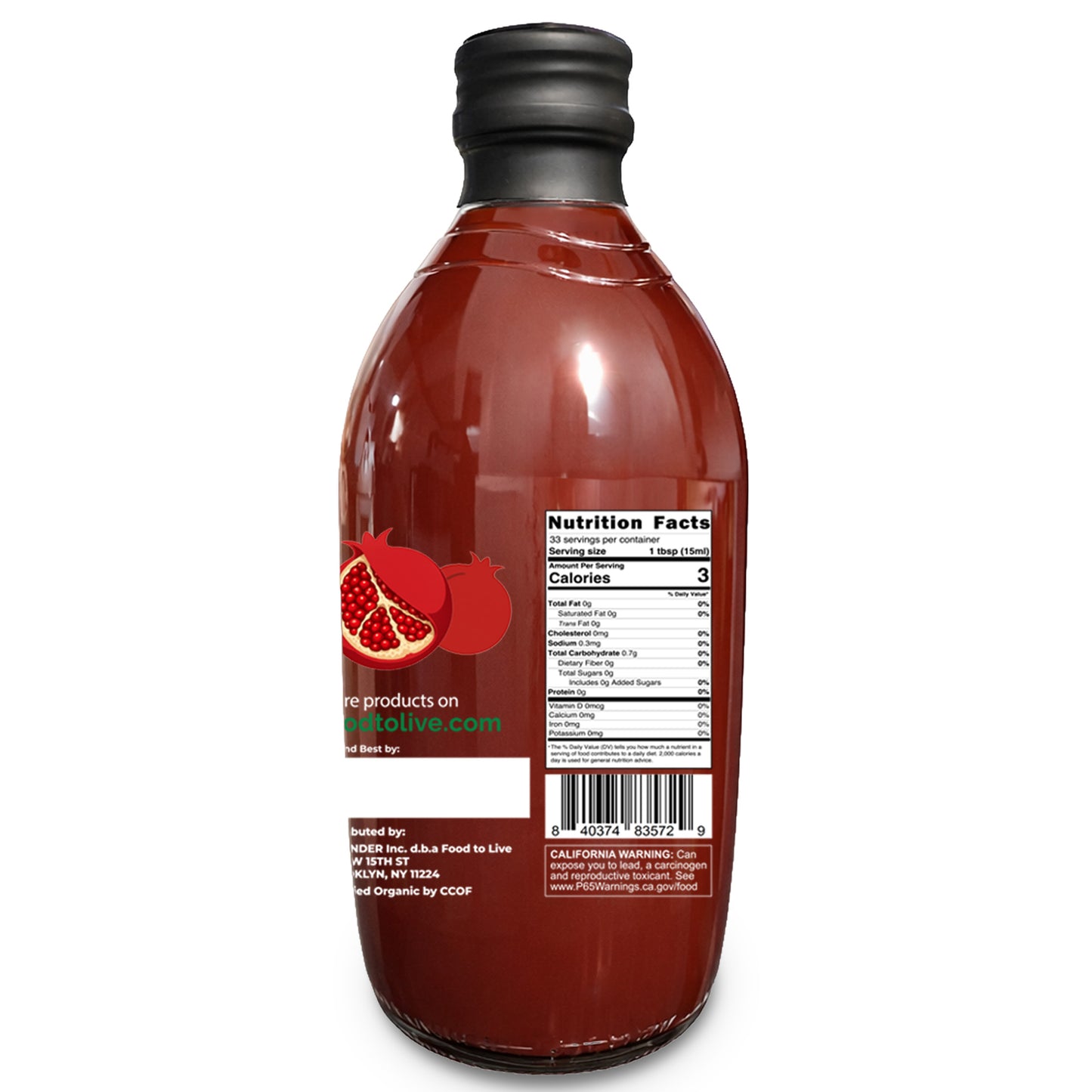 Organic Pomegranate Vinegar with the Mother, 500ml - by Food to Live