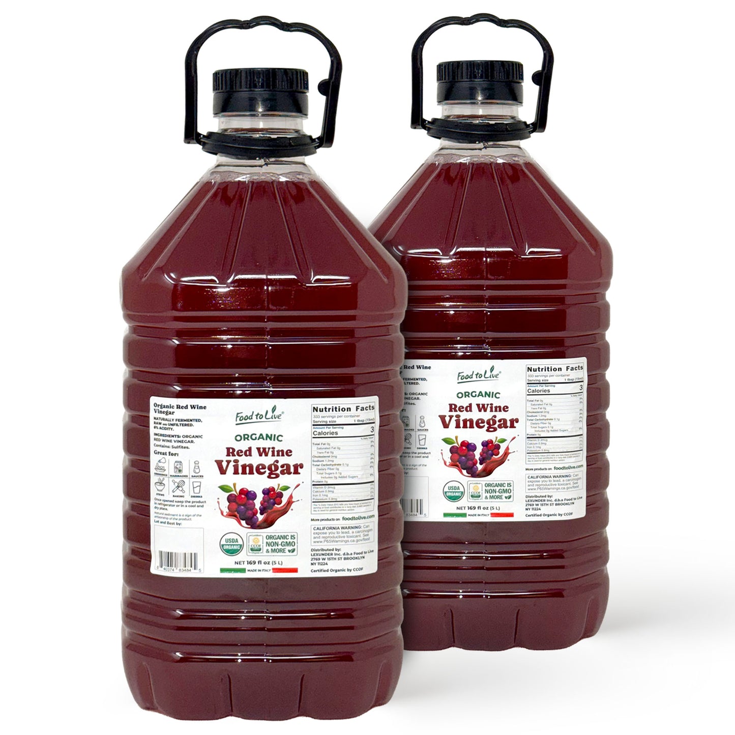Organic Red Wine Vinegar, 169 fl oz (5 L) –  Non-GMO, Vegan – by Food to Live