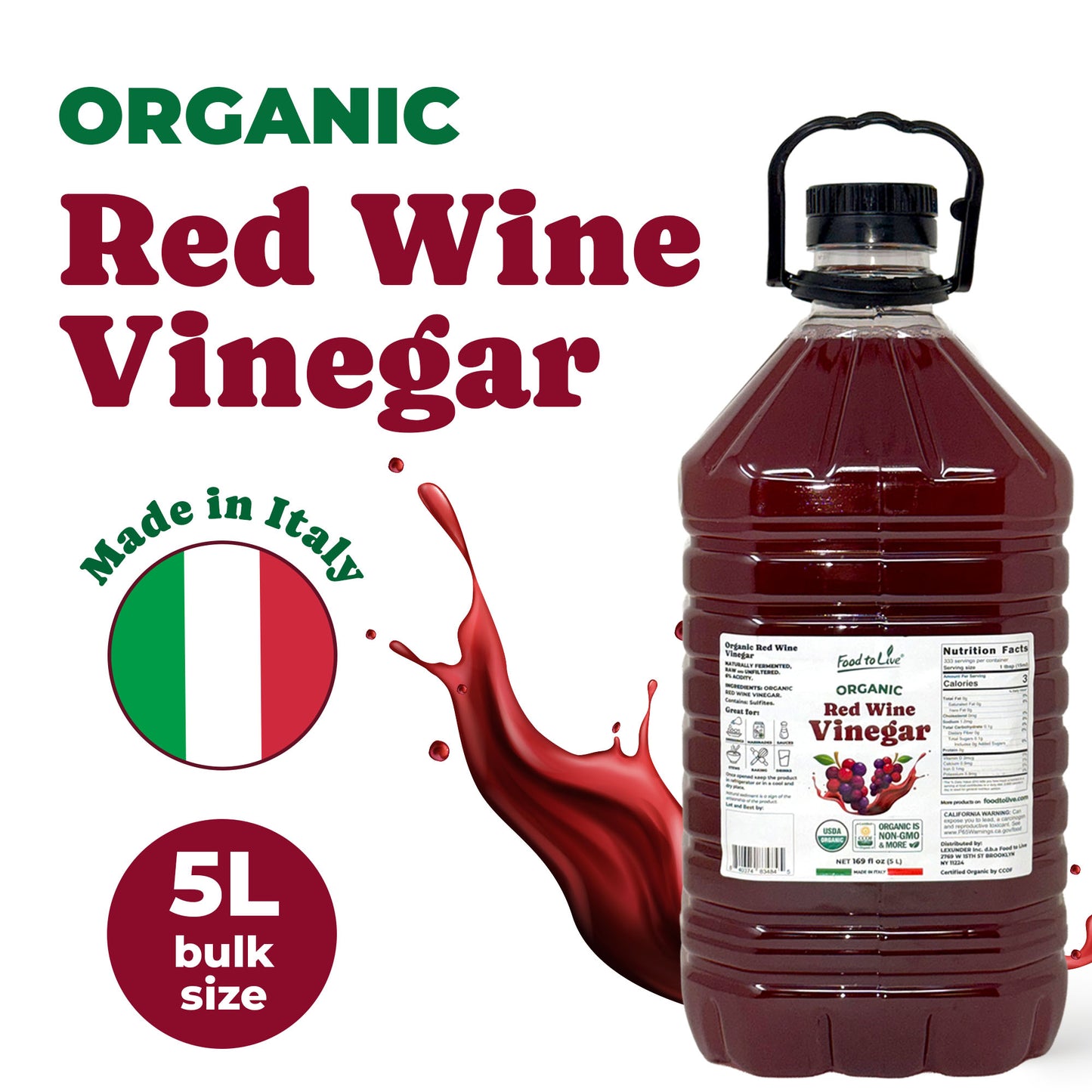 Organic Red Wine Vinegar, 169 fl oz (5 L) –  Non-GMO, Vegan – by Food to Live