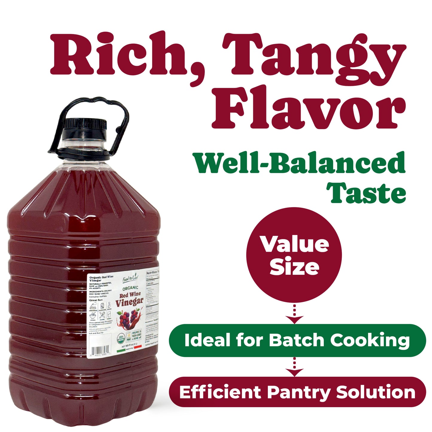 Organic Red Wine Vinegar, 169 fl oz (5 L) –  Non-GMO, Vegan – by Food to Live
