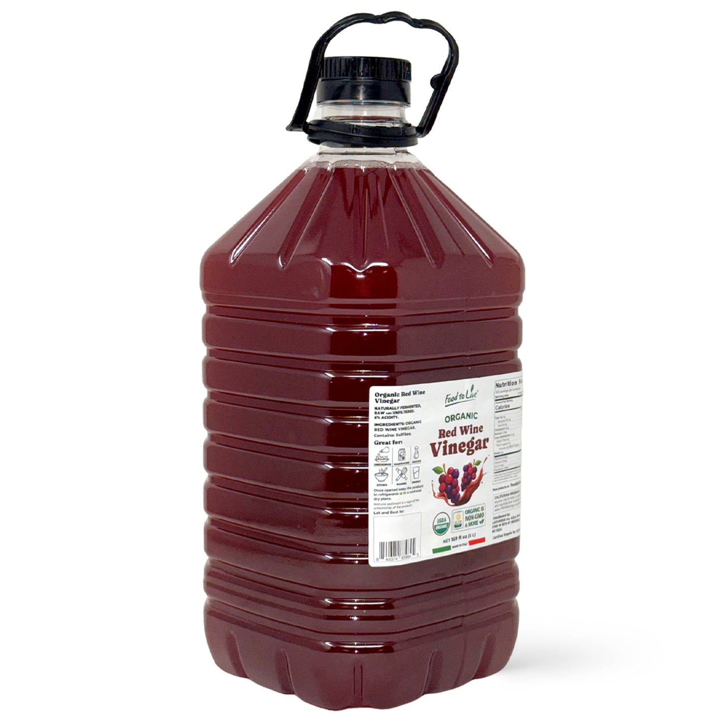 Organic Red Wine Vinegar, 169 fl oz (5 L) –  Non-GMO, Vegan – by Food to Live