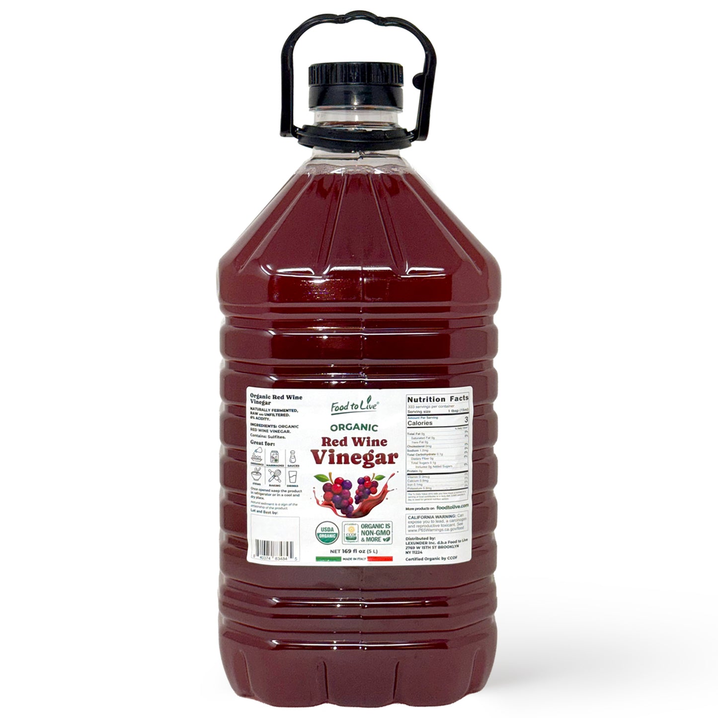 Organic Red Wine Vinegar, 169 fl oz (5 L) –  Non-GMO, Vegan – by Food to Live