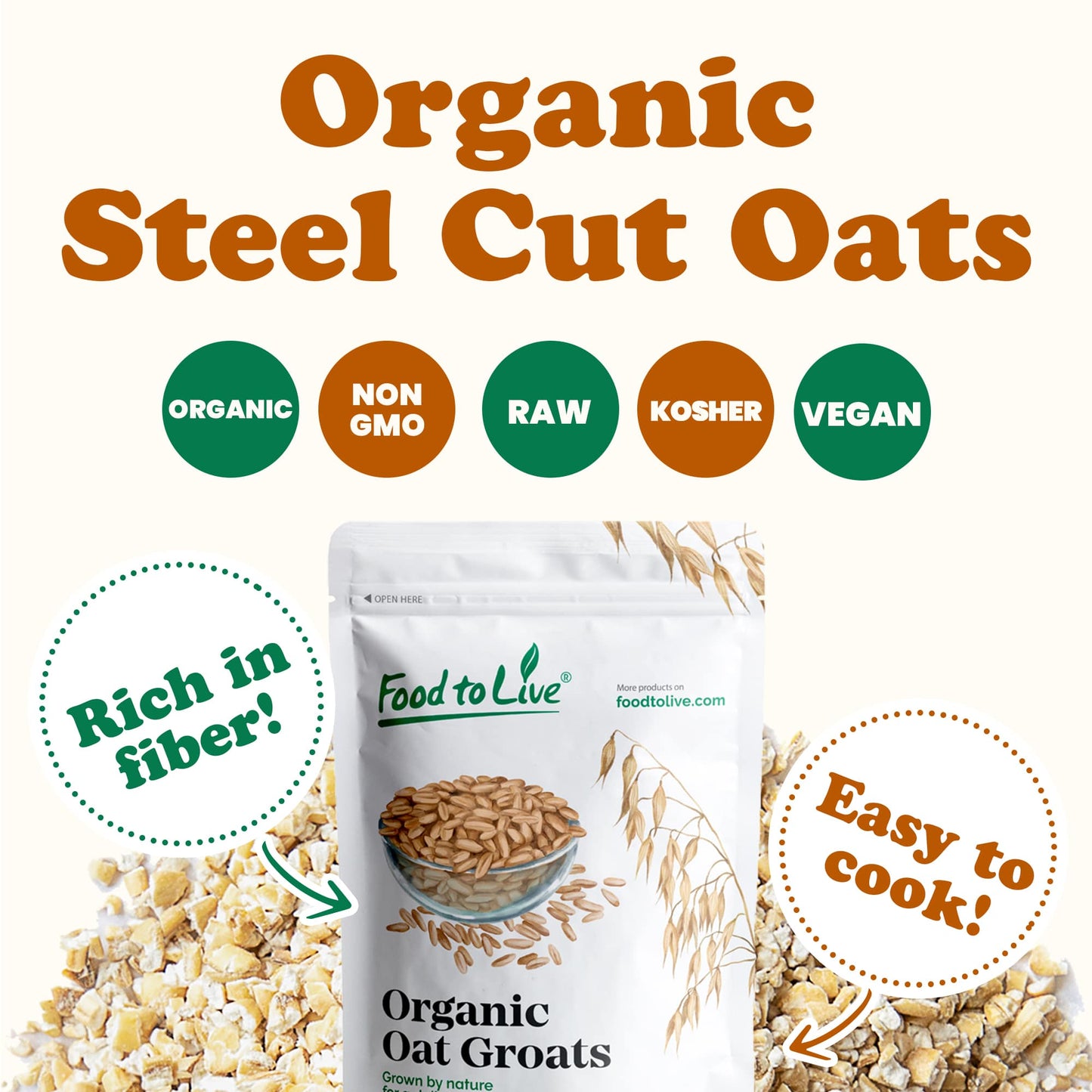 Organic Steel Cut Oats — 100% Whole Grain Irish Oats, Non-GMO Cereal, Non-Irradiated, Vegan, Bulk, Product of the USA