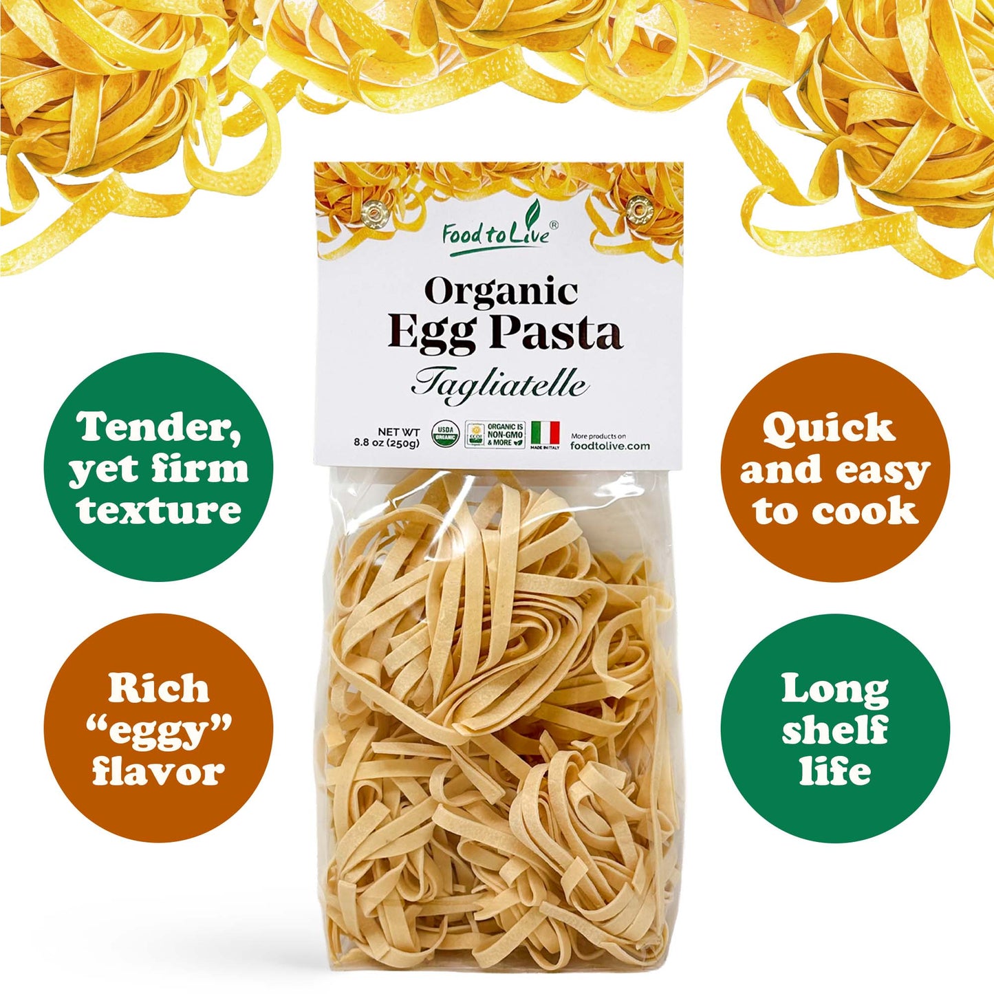 Organic Egg Tagliatelle Pasta 8.8 oz  –  Non-GMO, Product of Italy  – by Food to Live
