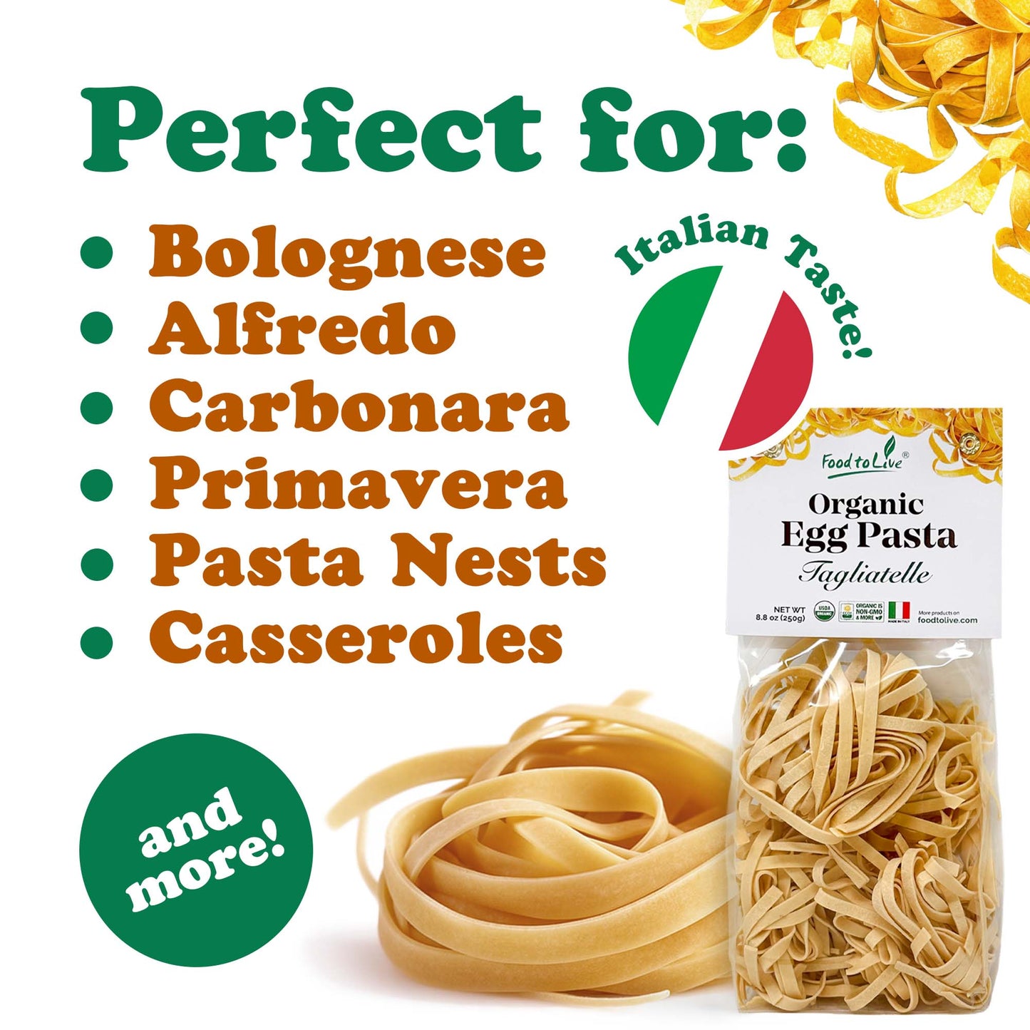 Organic Egg Tagliatelle Pasta 8.8 oz  –  Non-GMO, Product of Italy  – by Food to Live