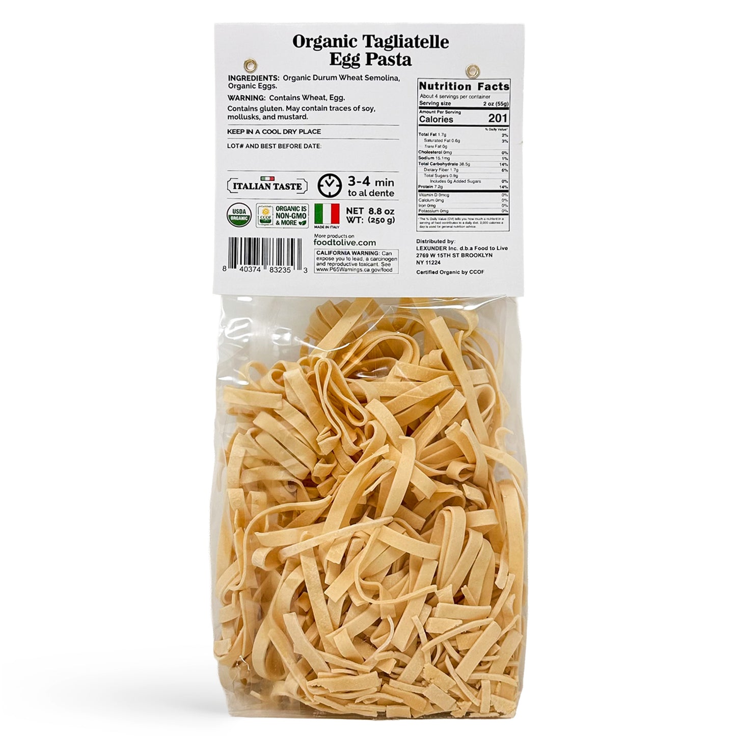 Organic Egg Tagliatelle Pasta 8.8 oz  –  Non-GMO, Product of Italy  – by Food to Live