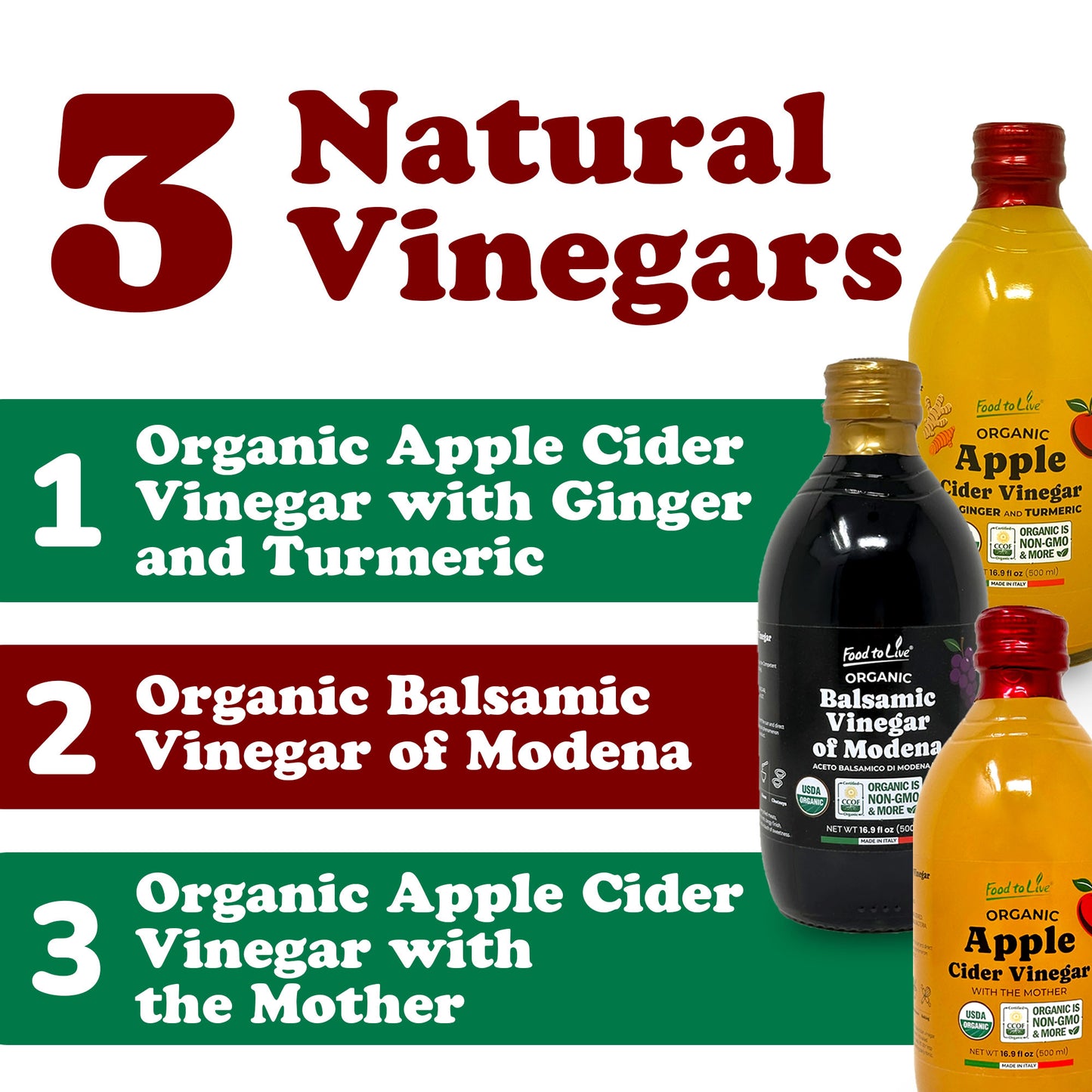 Organic Vinegar Bundle, Set of 3 – Non-GMO, Vegan – by Food to Live