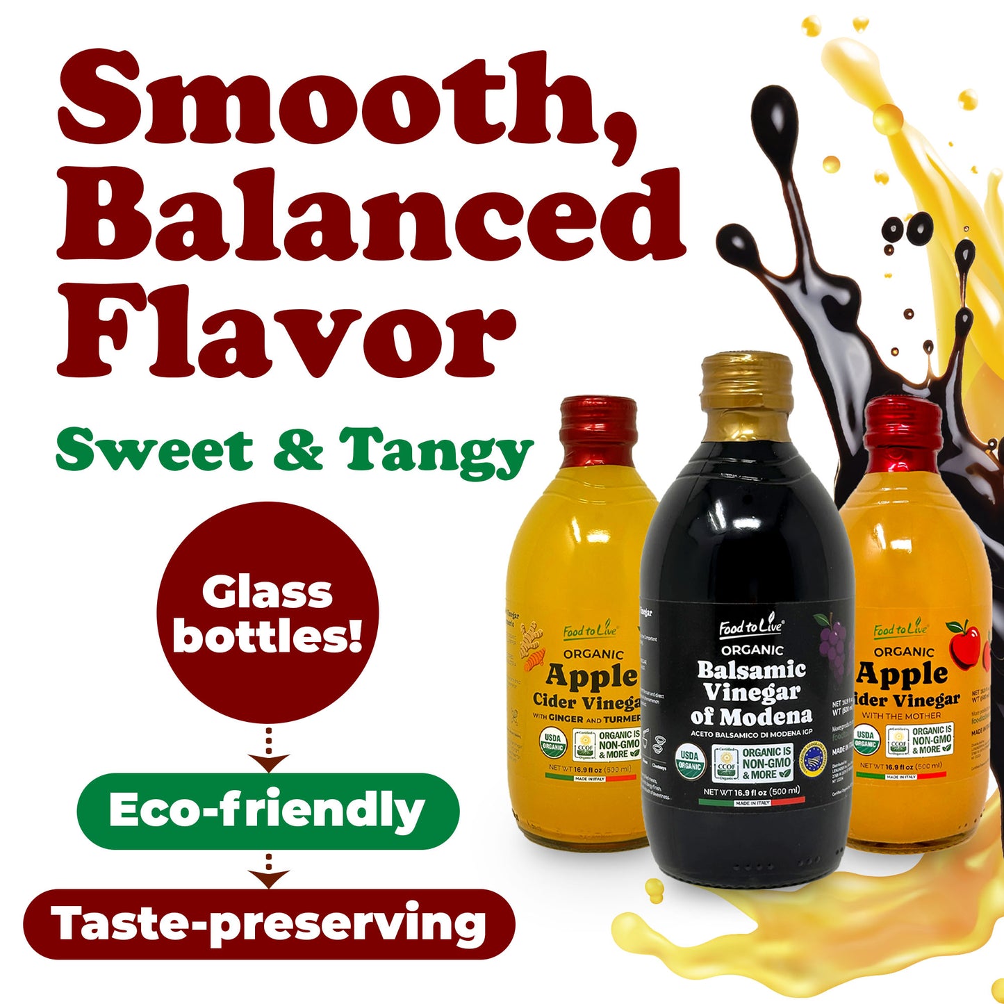 Organic Vinegar Bundle, Set of 3 – Non-GMO, Vegan – by Food to Live