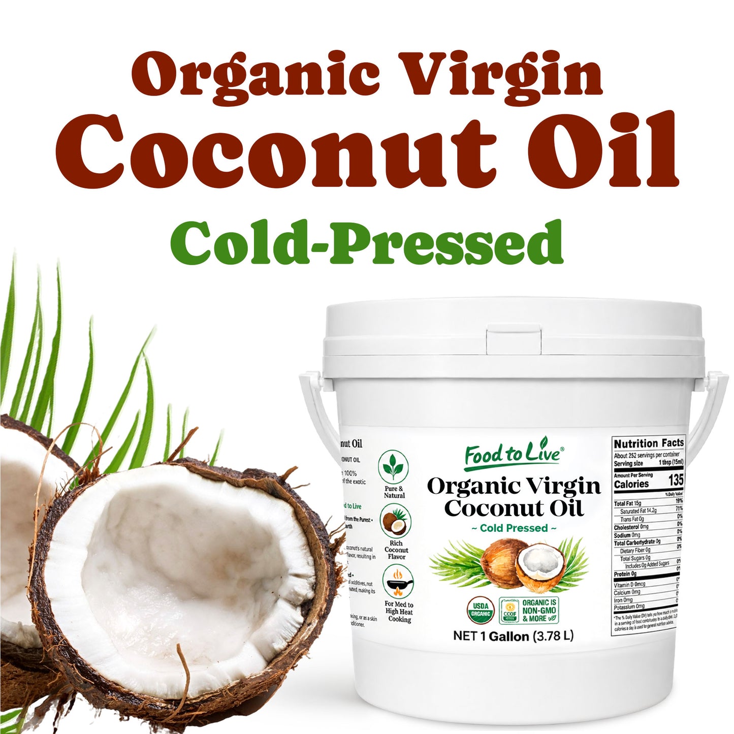 Organic Virgin Coconut Oil, 1 Gallon (3.78 L) - Non-GMO, Vegan, Bulk - by  Food to Live