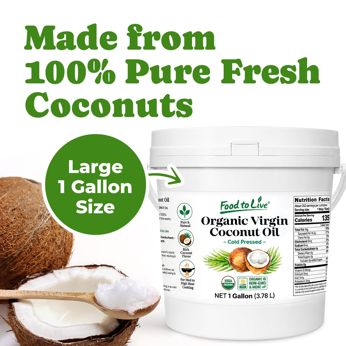 Organic Virgin Coconut Oil, 1 Gallon (3.78 L) - Non-GMO, Vegan, Bulk - by  Food to Live