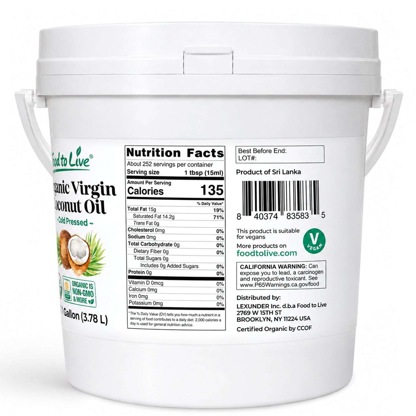 Organic Virgin Coconut Oil, 1 Gallon (3.78 L) - Non-GMO, Vegan, Bulk - by  Food to Live