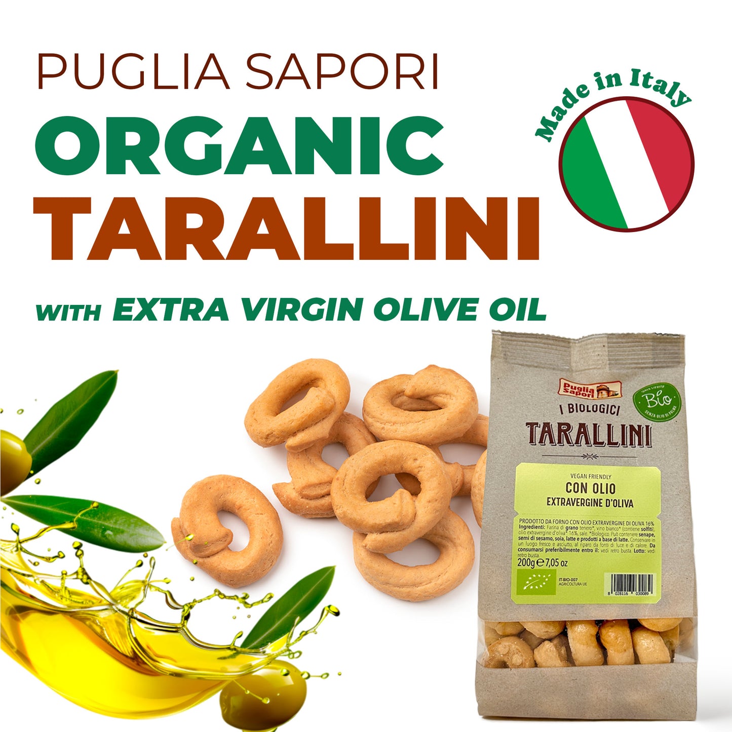 Puglia Sapori Organic Tarallini with Extra Virgin Olive Oil - 7.05oz (200 g) – Oven Baked, Cholesterol Free, Vegan