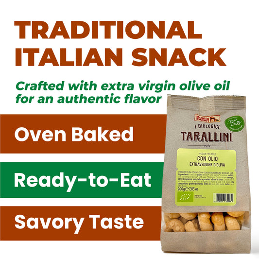 Puglia Sapori Organic Tarallini with Extra Virgin Olive Oil - 7.05oz (200 g) – Oven Baked, Cholesterol Free, Vegan