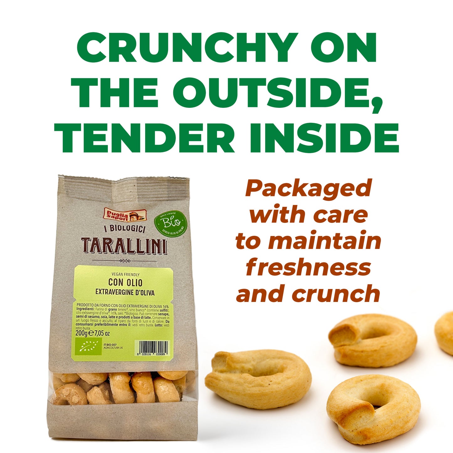 Puglia Sapori Organic Tarallini with Extra Virgin Olive Oil - 7.05oz (200 g) – Oven Baked, Cholesterol Free, Vegan