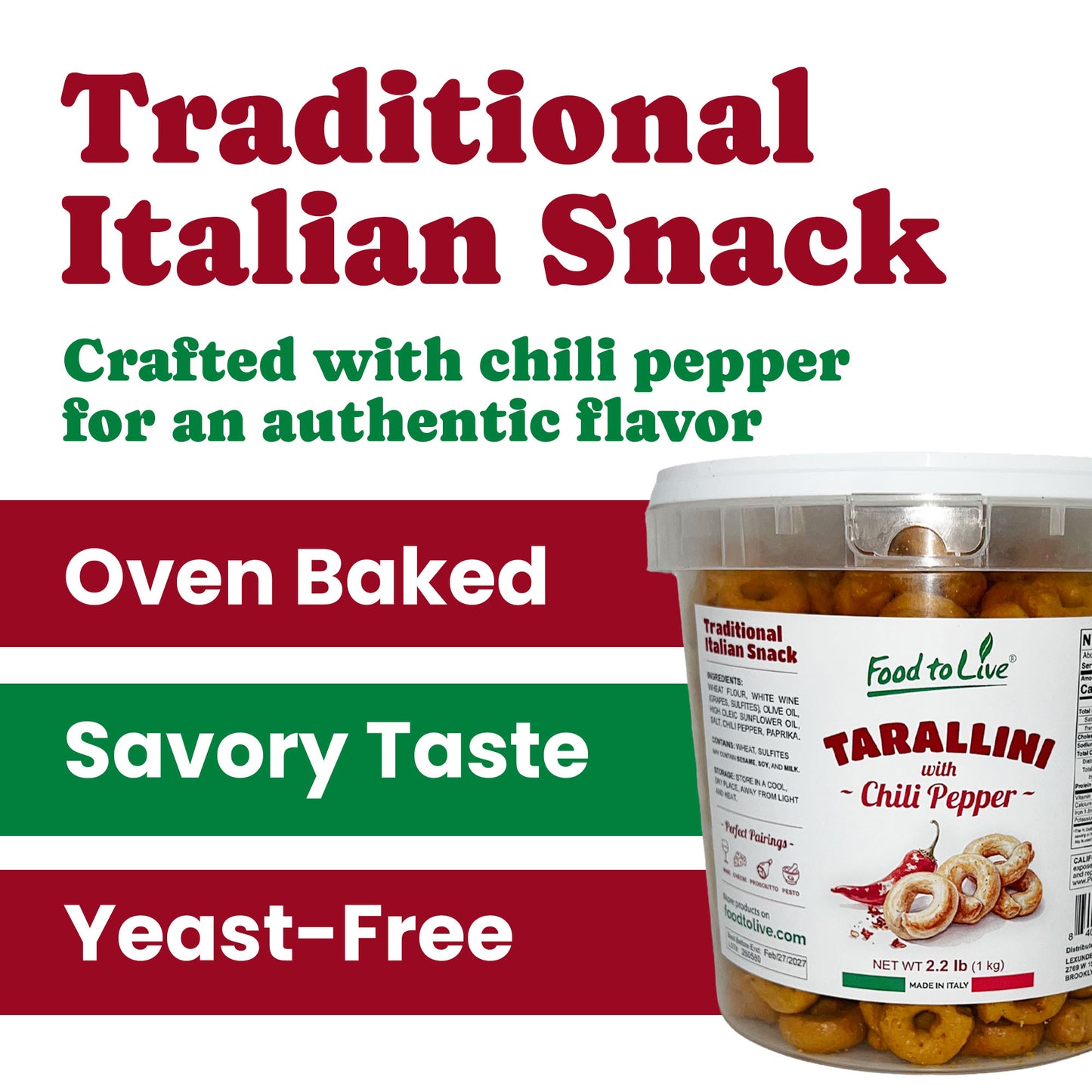 Tarallini with Chili Pepper, 2.2 lb (1 kg) –  Vegan – by Food to Live