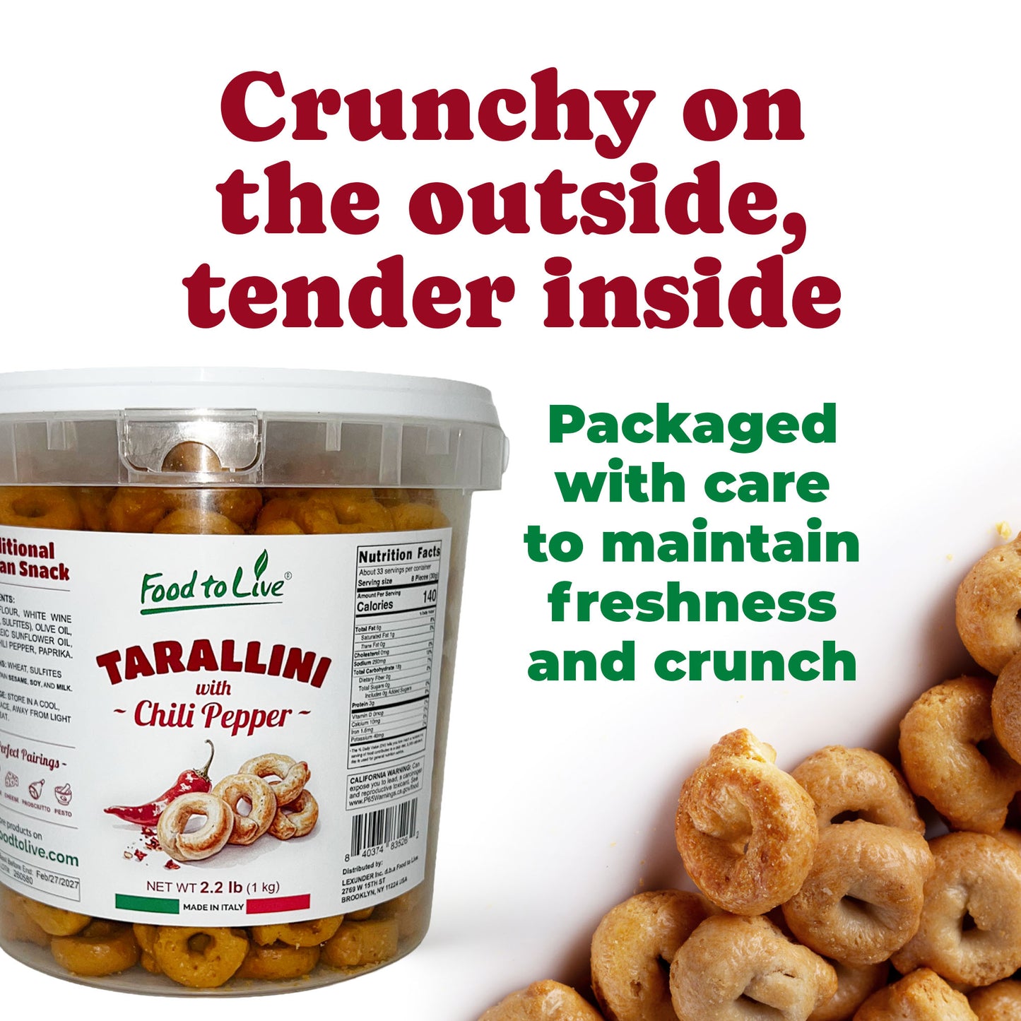 Tarallini with Chili Pepper, 2.2 lb (1 kg) –  Vegan – by Food to Live
