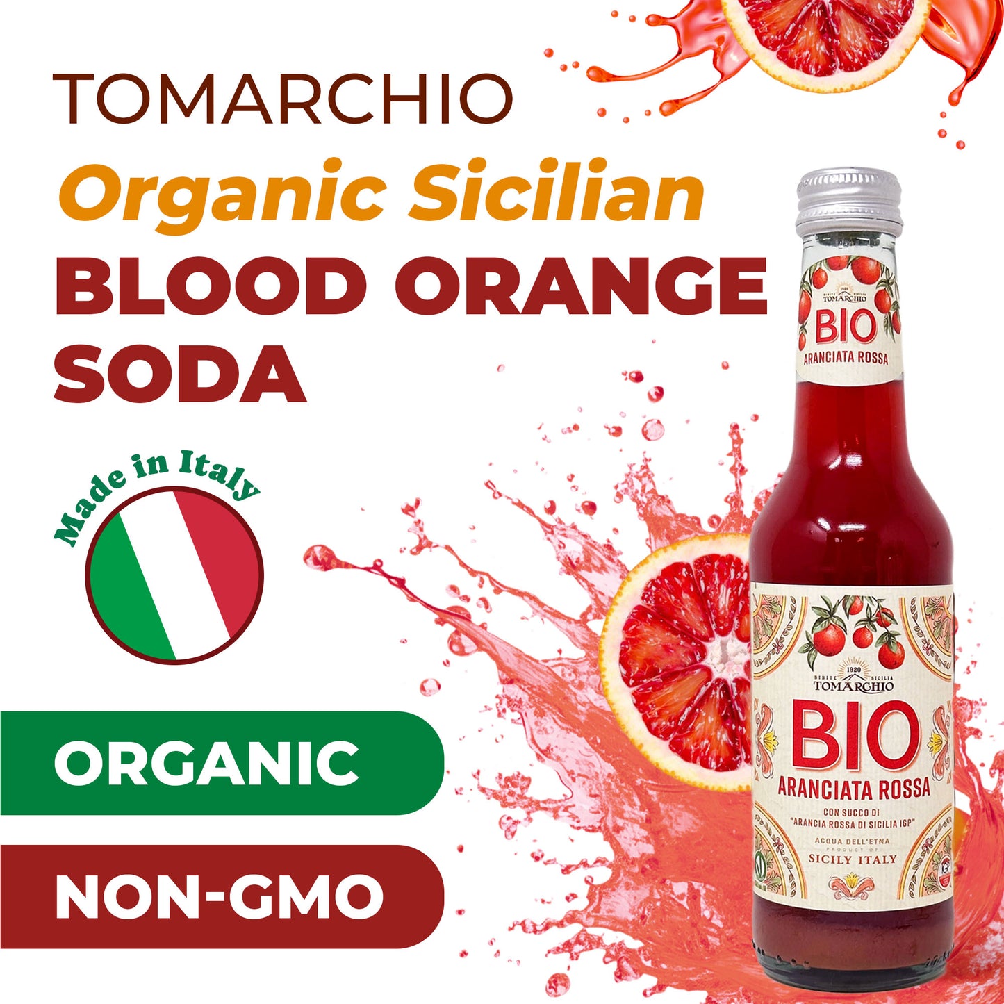 Tomarchio Organic Sicilian Blood Orange Soda, 4 x 9.3 Fl Oz (275ml) – Italian Sparkling Fruit Juice Drink