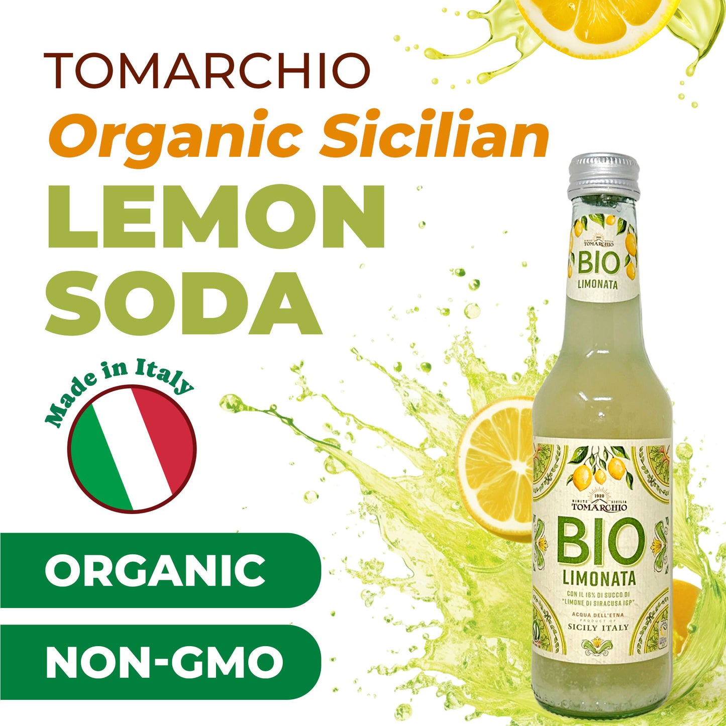 Tomarchio Organic Sicilian Lemon Soda, 4 x 9.3 Fl Oz (275ml) – Italian Sparkling Fruit Juice Drink
