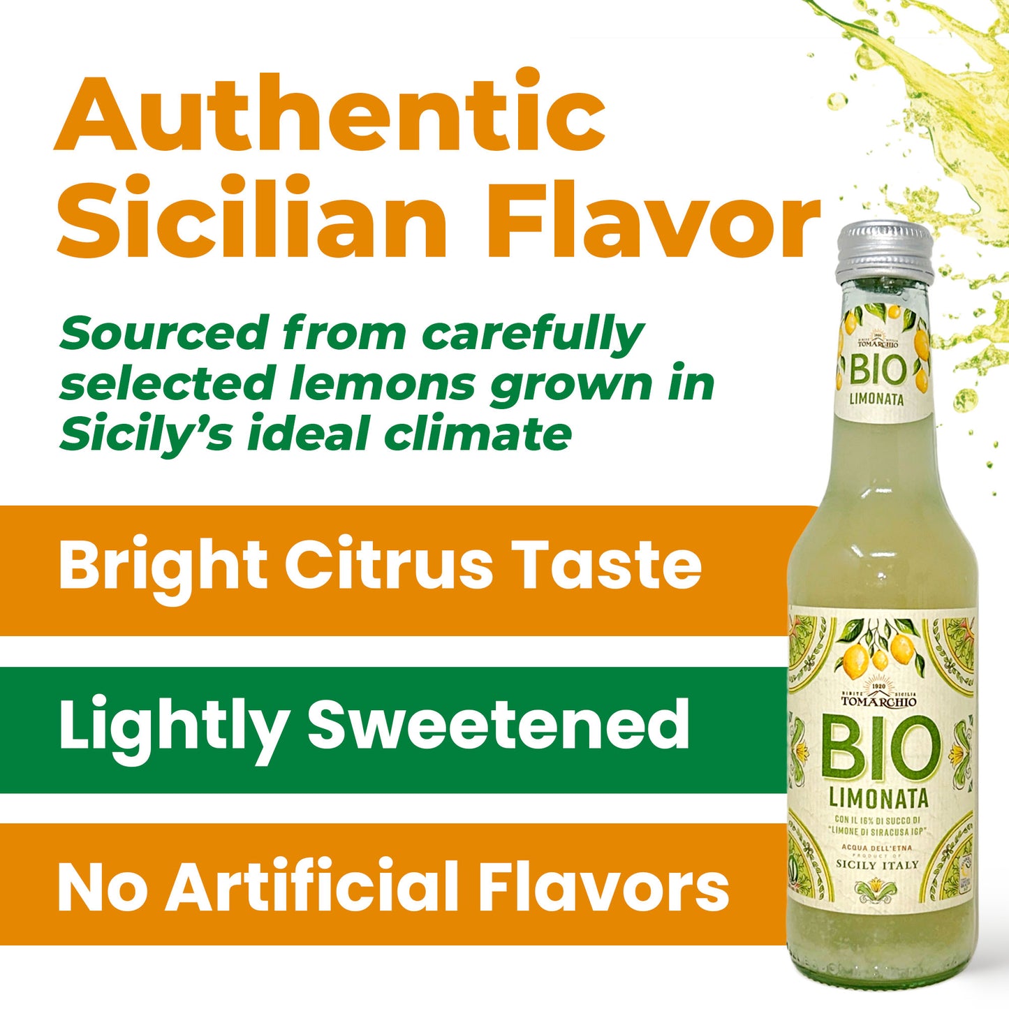 Tomarchio Organic Sicilian Lemon Soda, 4 x 9.3 Fl Oz (275ml) – Italian Sparkling Fruit Juice Drink