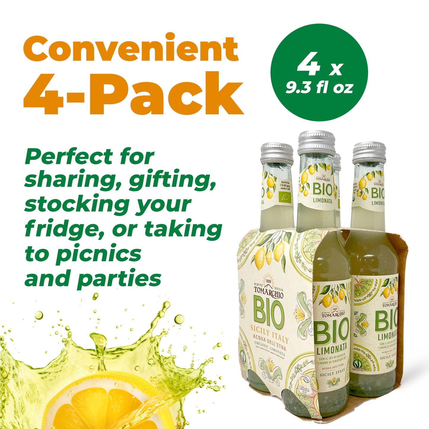 Tomarchio Organic Sicilian Lemon Soda, 4 x 9.3 Fl Oz (275ml) – Italian Sparkling Fruit Juice Drink