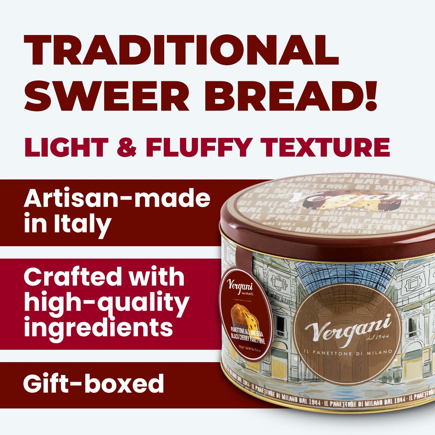 Vergani Black Cherry Panettone, 26.4 oz (750g) - Italian Holiday Cake with Amarena Cherries