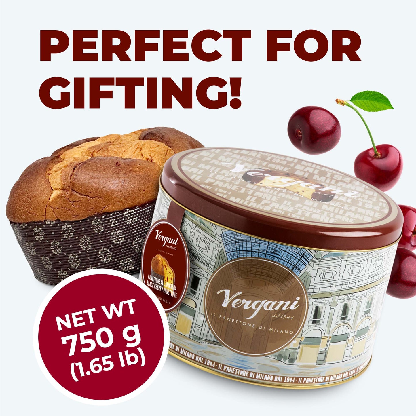 Vergani Black Cherry Panettone, 26.4 oz (750g) - Italian Holiday Cake with Amarena Cherries