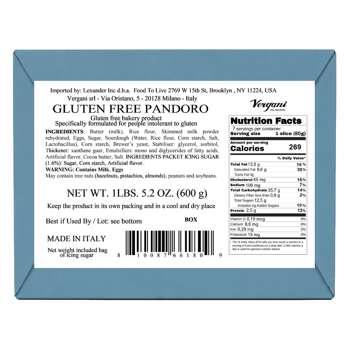 Vergani Classic Gluten-Free Pandoro, 21.2 oz (600g) - Italian Holiday Cake