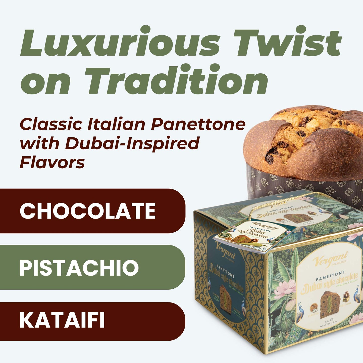 Vergani Panettone Dubai Style Chocolate Pistachio and Kataify, 28.22 oz (800g)