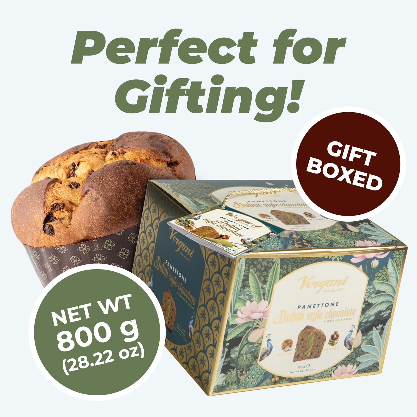 Vergani Panettone Dubai Style Chocolate Pistachio and Kataify, 28.22 oz (800g)